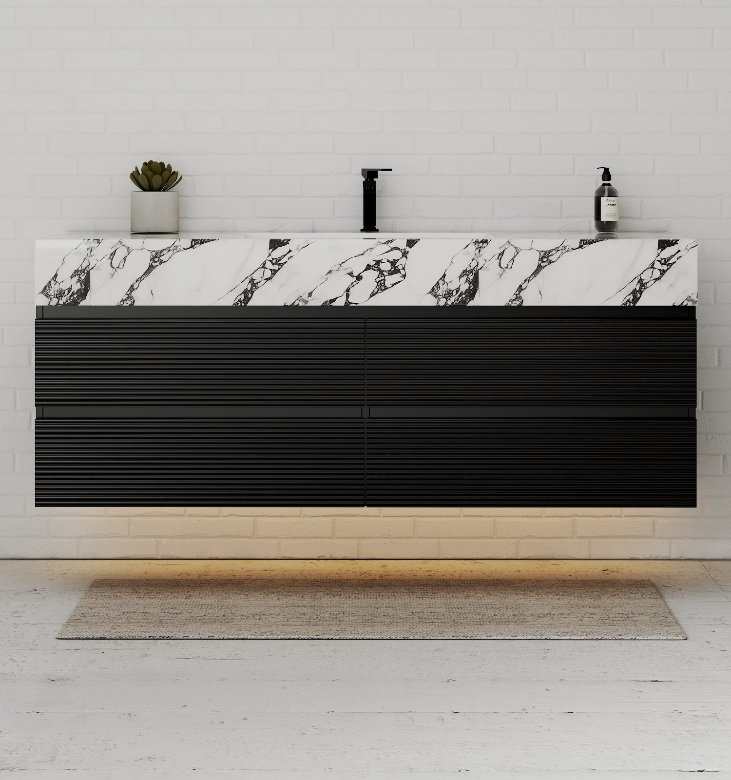 Black 60" Wall - Mounted Single Sink Bathroom Vanity with Fluted Drawers - VanityCalacatta Black NeoNova Decor