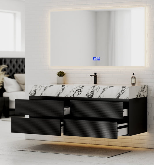 Black 60" Wall - Mounted Single Sink Bathroom Vanity with Fluted Drawers - VanityCalacatta Black NeoNova Decor