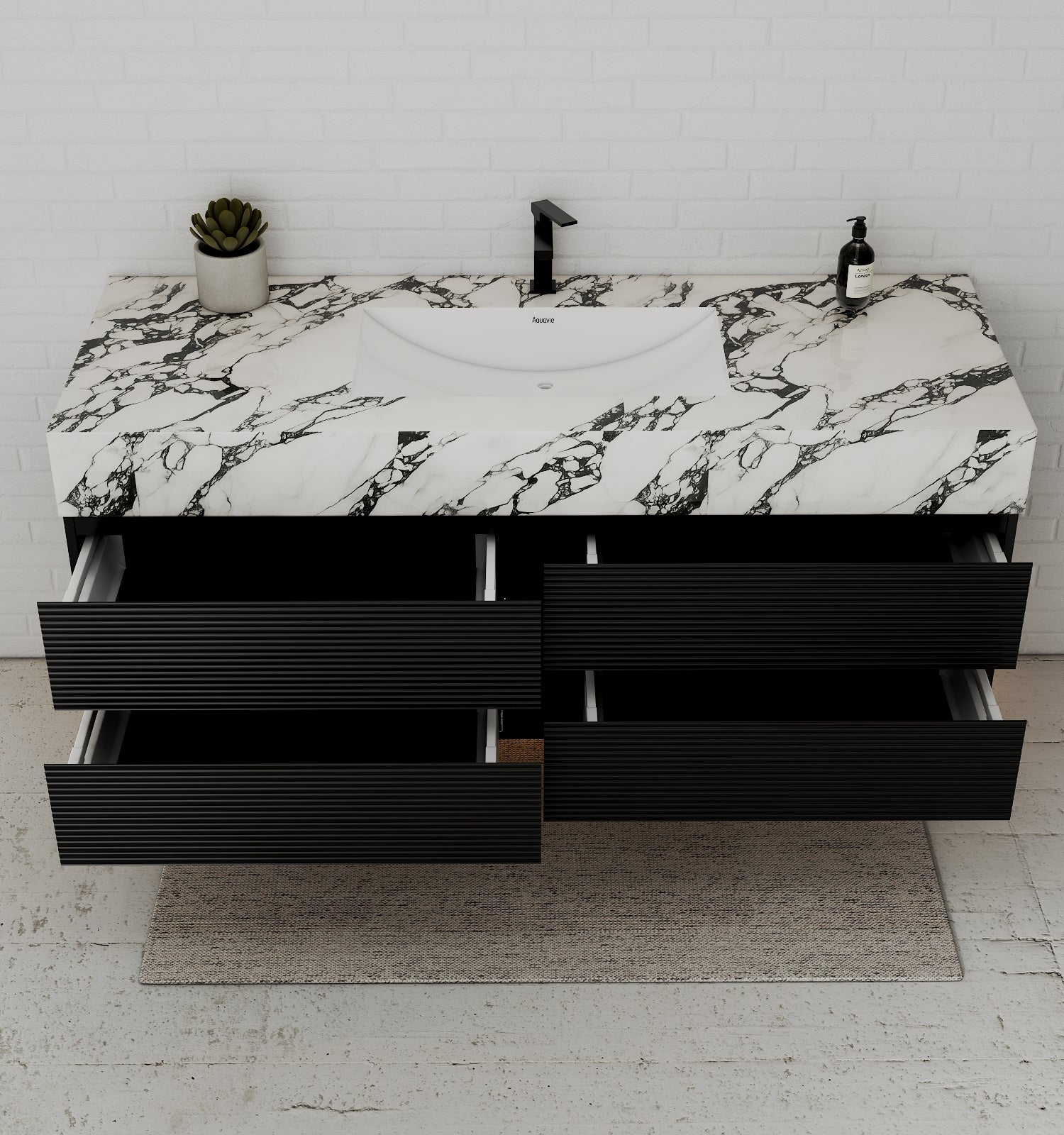 Black 60" Wall - Mounted Single Sink Bathroom Vanity with Fluted Drawers - VanityCalacatta Black NeoNova Decor