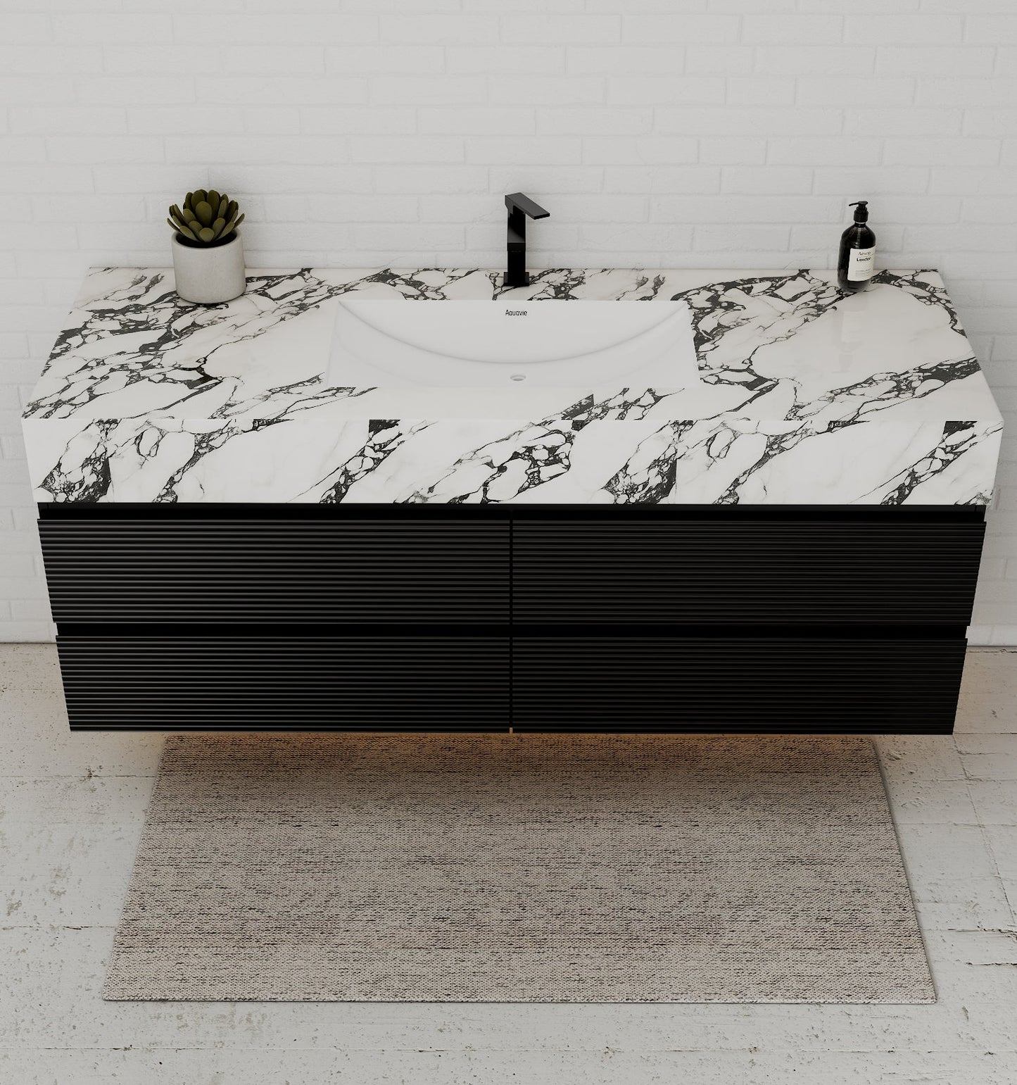 Black 60" Wall - Mounted Single Sink Bathroom Vanity with Fluted Drawers - VanityCalacatta Black NeoNova Decor