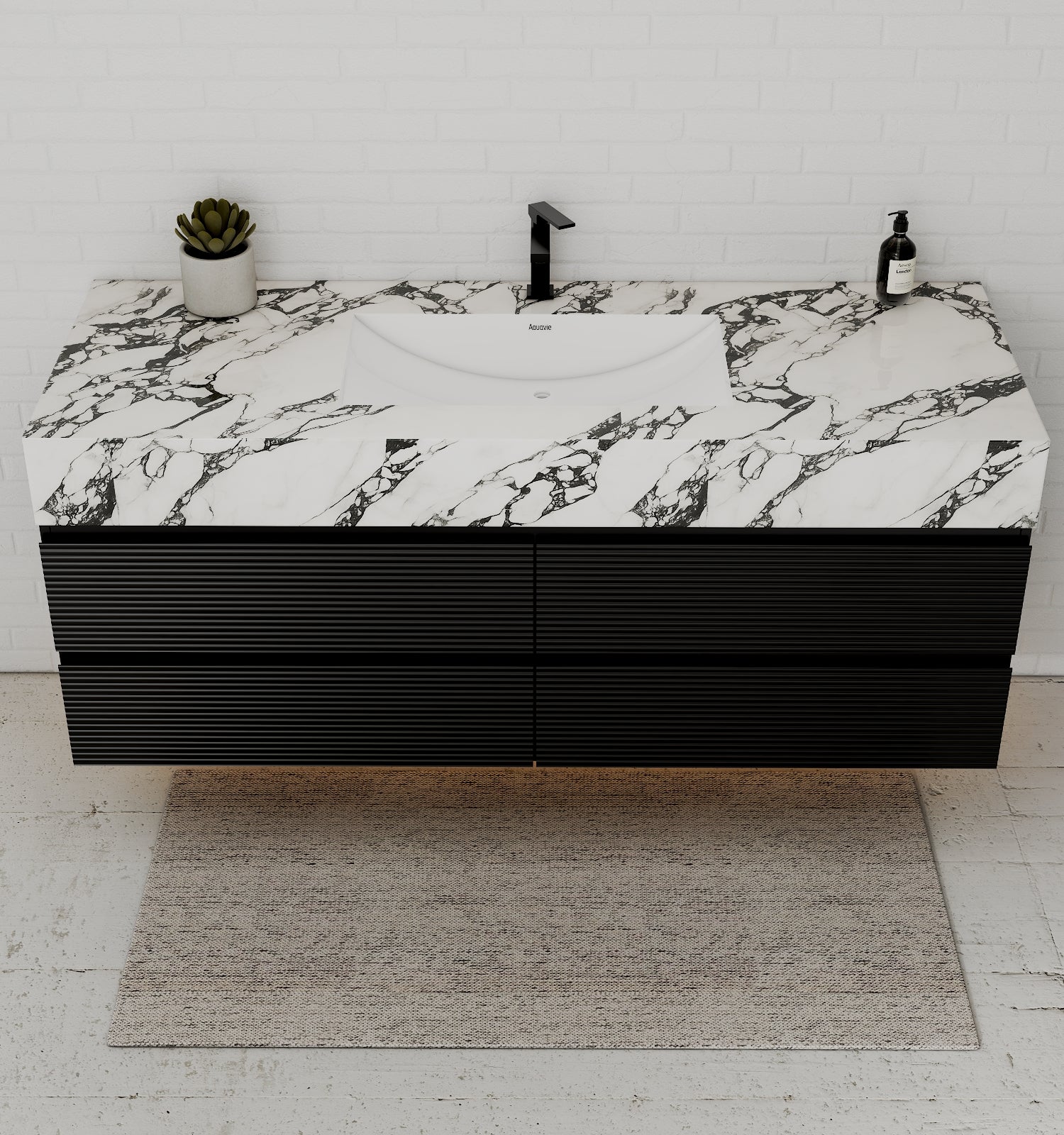 Black 60" Wall - Mounted Single Sink Bathroom Vanity with Fluted Drawers - VanityCalacatta Black NeoNova Decor