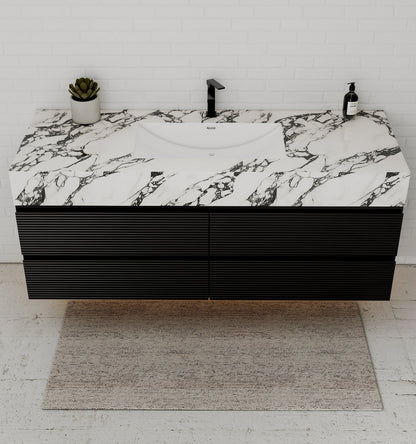 Black 60" Wall - Mounted Single Sink Bathroom Vanity with Fluted Drawers - VanityCalacatta Black NeoNova Decor