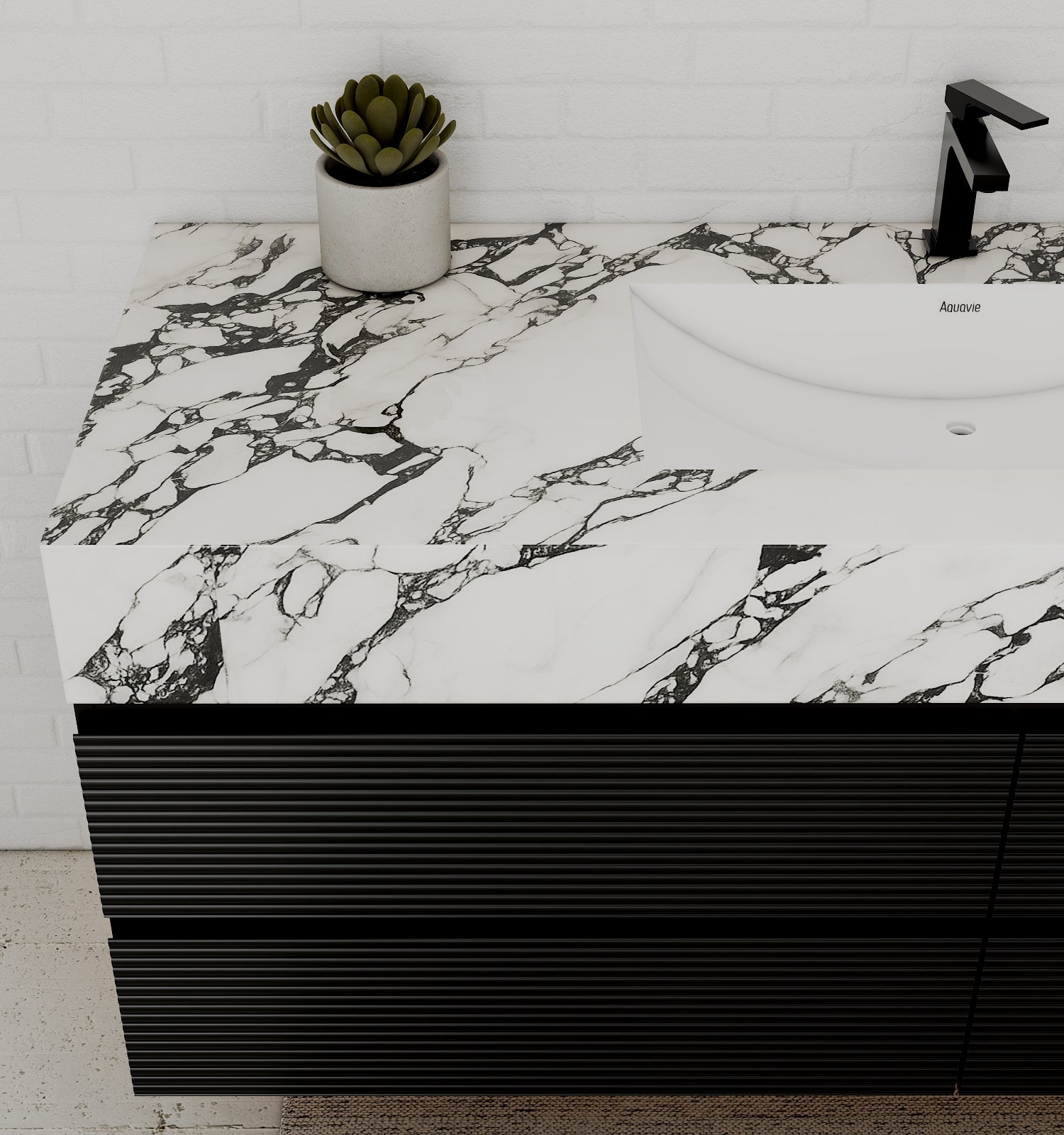 Black 60" Wall - Mounted Single Sink Bathroom Vanity with Fluted Drawers - VanityCalacatta Black NeoNova Decor