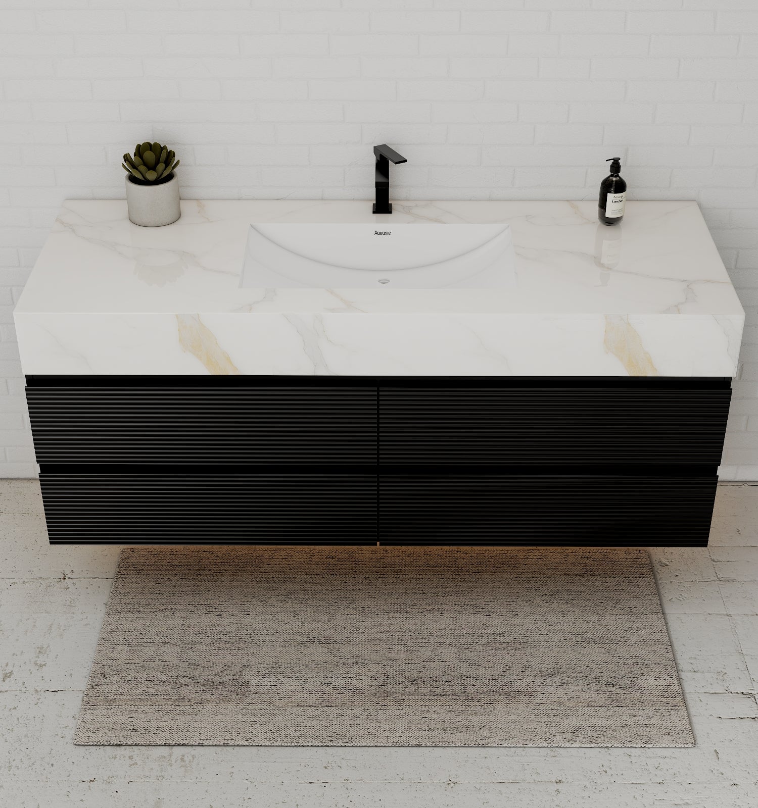 Black 60" Wall - Mounted Single Sink Bathroom Vanity with Fluted Drawers - VanityCalacatta Gold NeoNova Decor