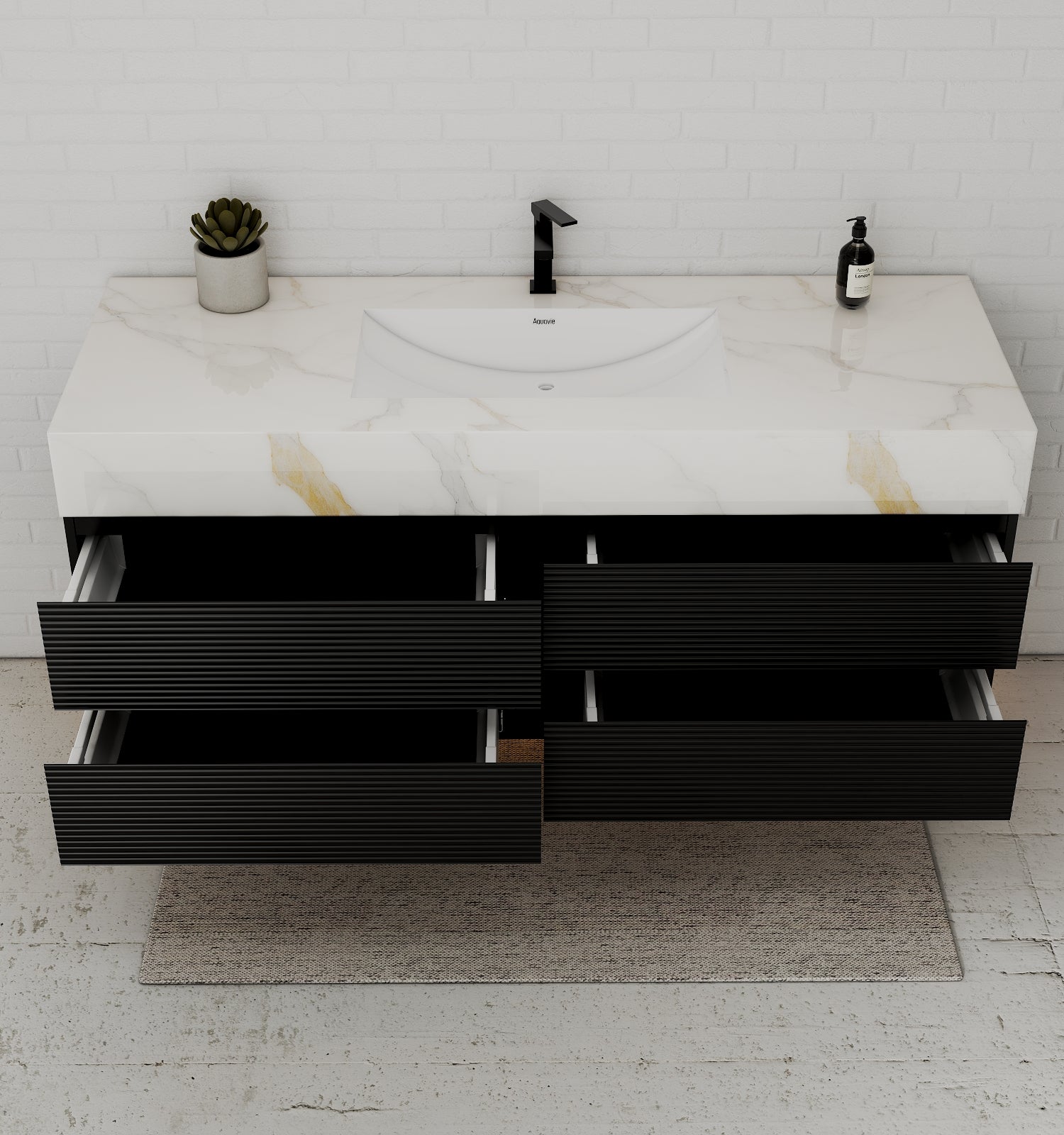 Black 60" Wall - Mounted Single Sink Bathroom Vanity with Fluted Drawers - VanityCalacatta Gold NeoNova Decor