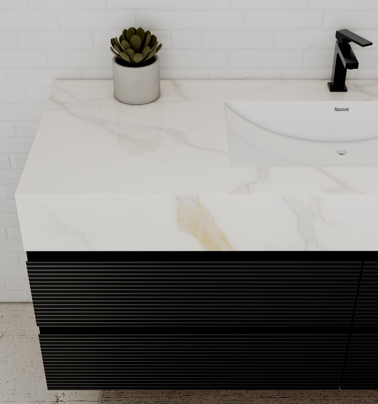Black 60" Wall - Mounted Single Sink Bathroom Vanity with Fluted Drawers - VanityCalacatta Gold NeoNova Decor