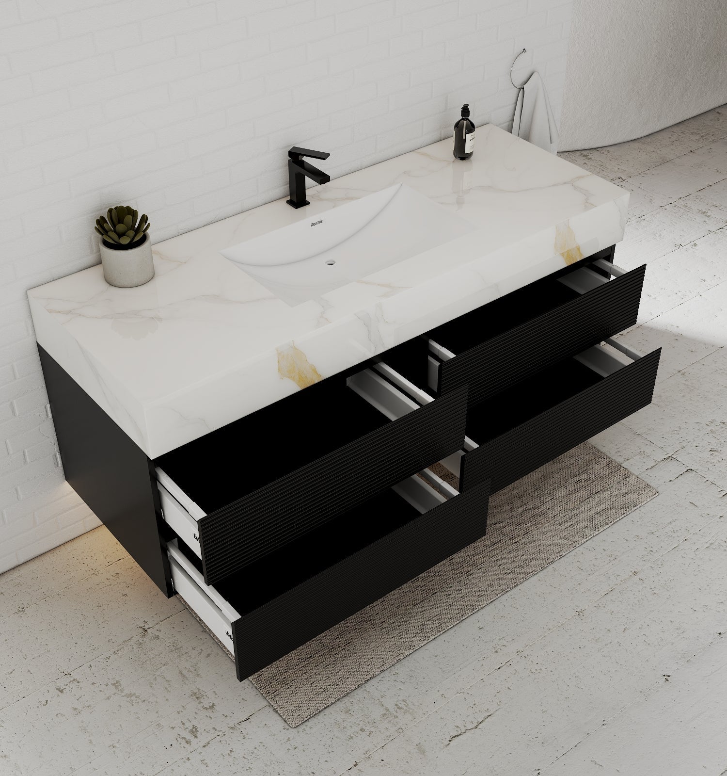 Black 60" Wall - Mounted Single Sink Bathroom Vanity with Fluted Drawers - VanityCalacatta Gold NeoNova Decor