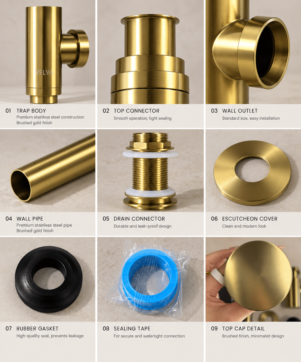 Brass Bottle Trap Drain (No Overflow) — Height-Adjustable, cUPC Certified -HardwareBrushed Gold