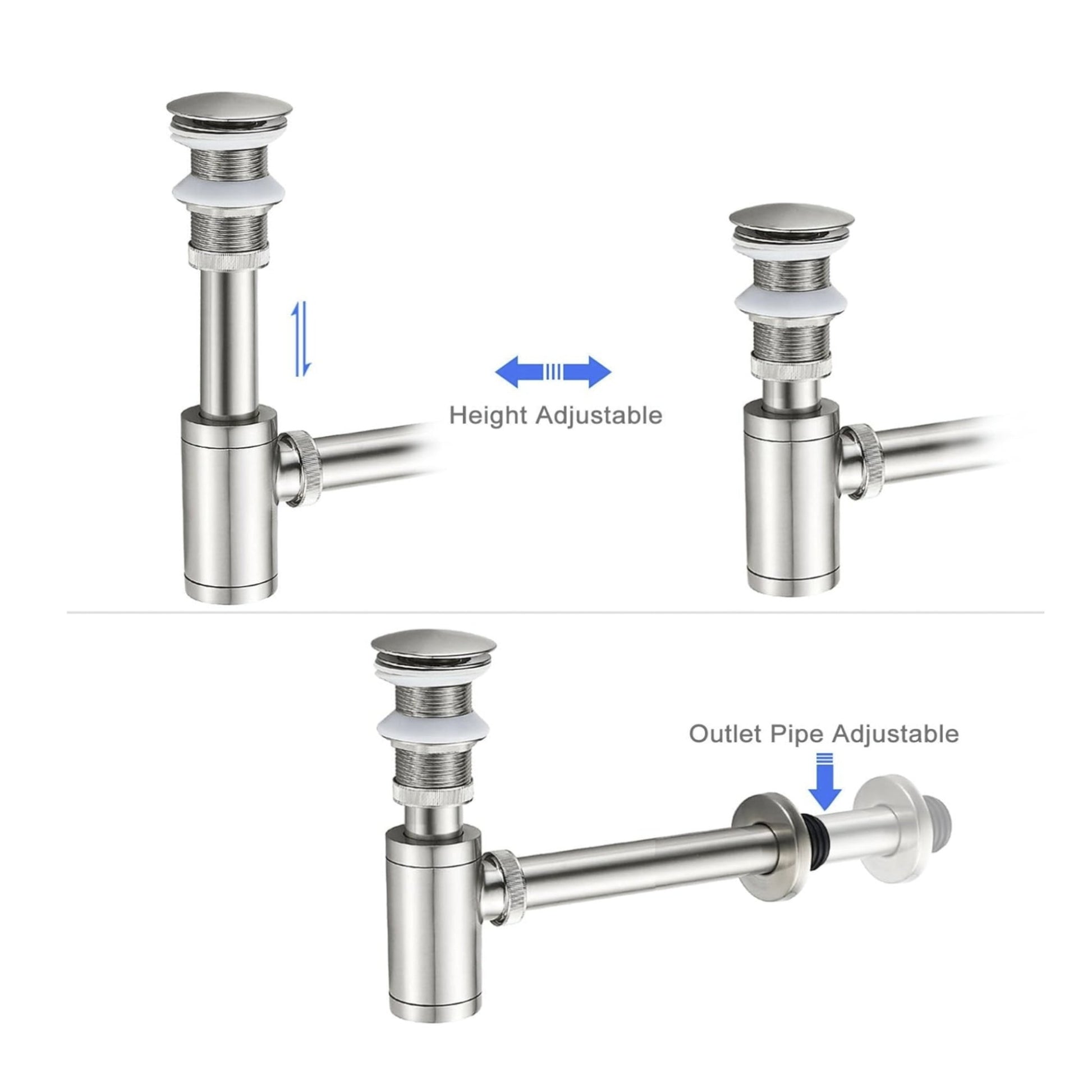 Brushed Nickel P - Trap & Pop - Up Drain Kit | No Overflow | Solid Brass & Stainless Steel - Fixtures NeoNova Decor