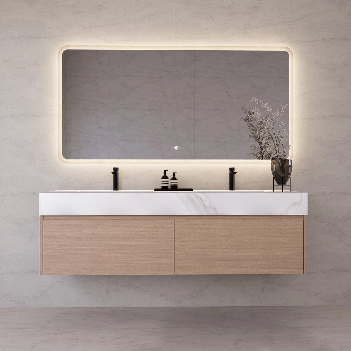 60"/ 71" Nature Oak Double Sink Stone Top with Single Floating Bathroom Vanity