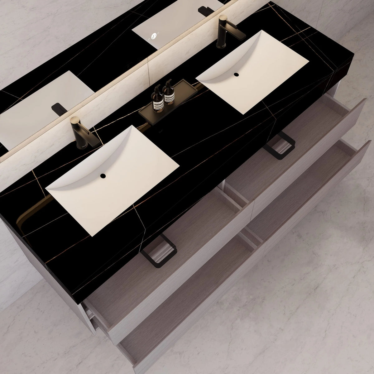 71"，60" Walnut Double Sink Sintered Stone Top with Elegant Floating Bathroom Vanity