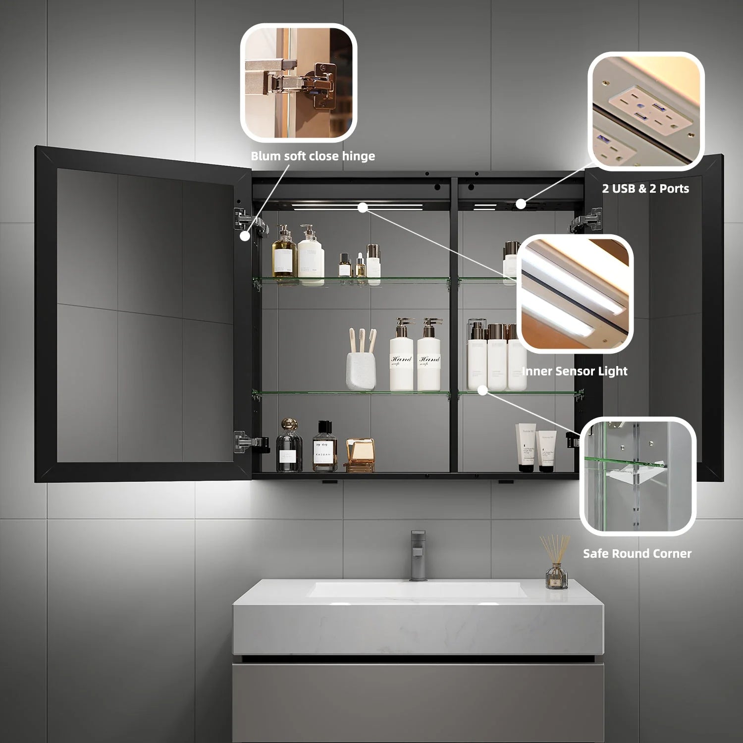 36"x32" Bathroom LED Mirror Cabinet – Dimmable Light, Anti-Fog, Recessed or Surface Mount 36"x32"