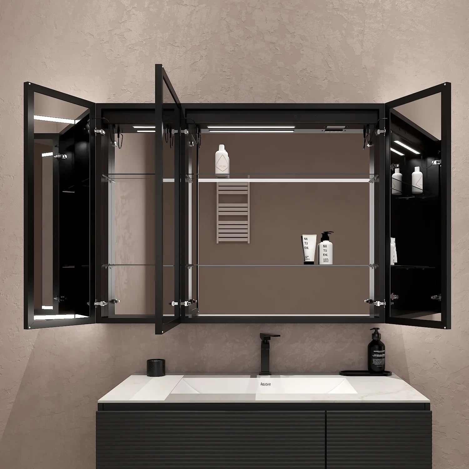 48'' LED Mirror Cabinet with Anti-Fog, Dimmable & Outlet – Blum Hinge，Surface Mount 48"x32"