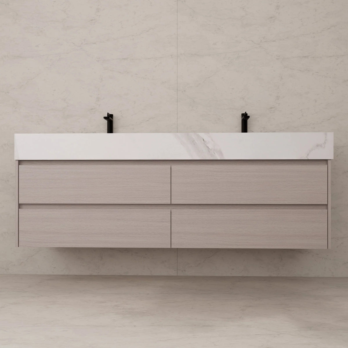 71"，60" Walnut Double Sink Sintered Stone Top with Elegant Floating Bathroom Vanity