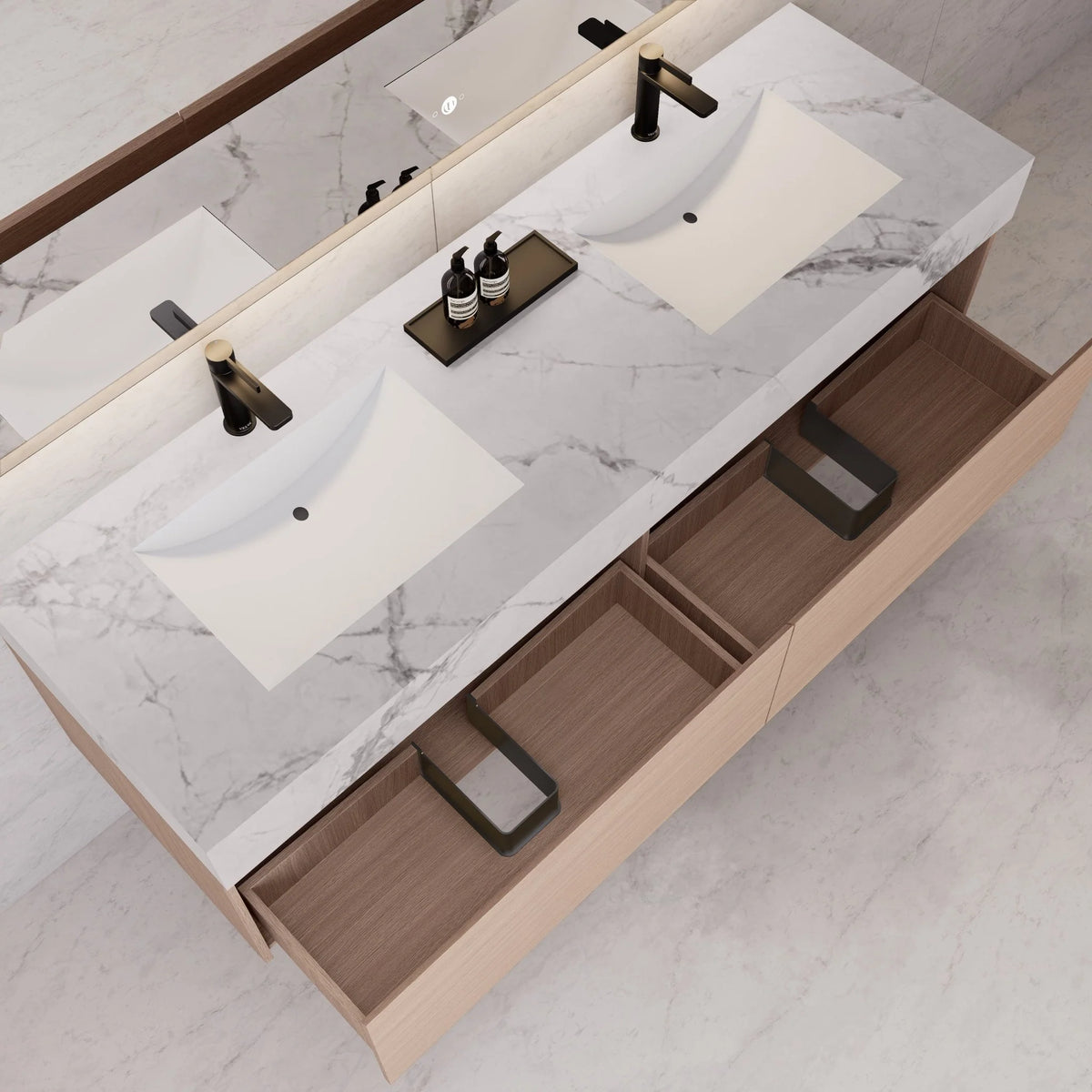 60"/ 71" Nature Oak Double Sink Stone Top with Single Floating Bathroom Vanity