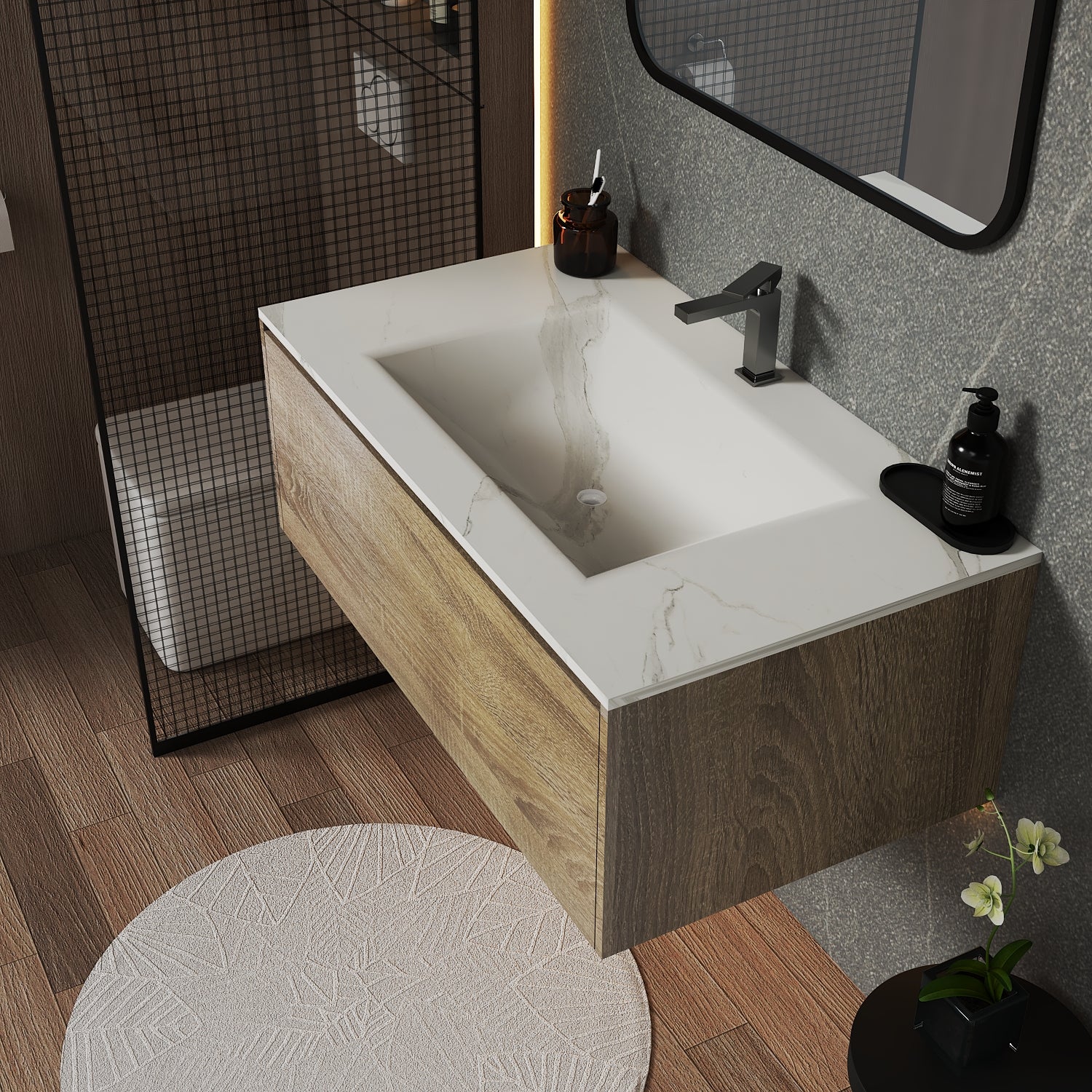 32''/36''/40'' Thermoformed Stone Top with Single Floating Bathroom Vanity