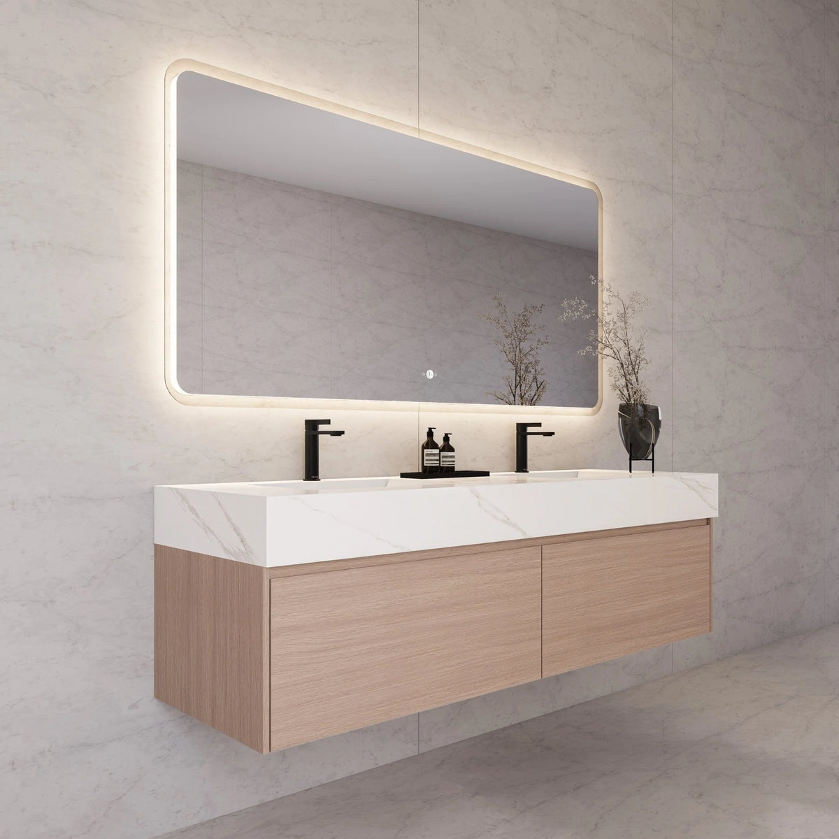60"/ 71" Nature Oak Double Sink Stone Top with Single Floating Bathroom Vanity