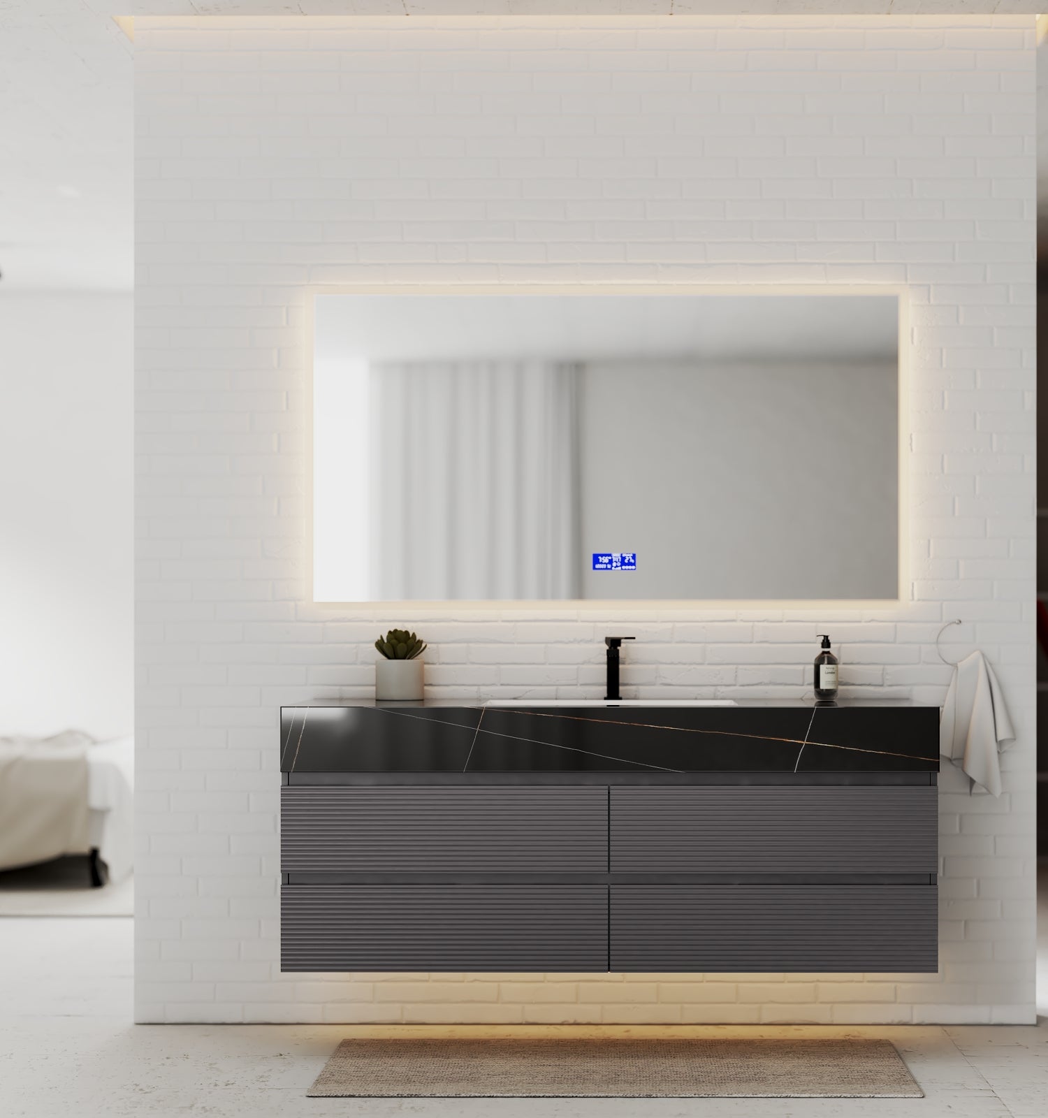 Dark Grey 60” Modern Floating Bathroom Vanity – Single Basin - VanityBlack Marquina Gold Veins NeoNova Decor