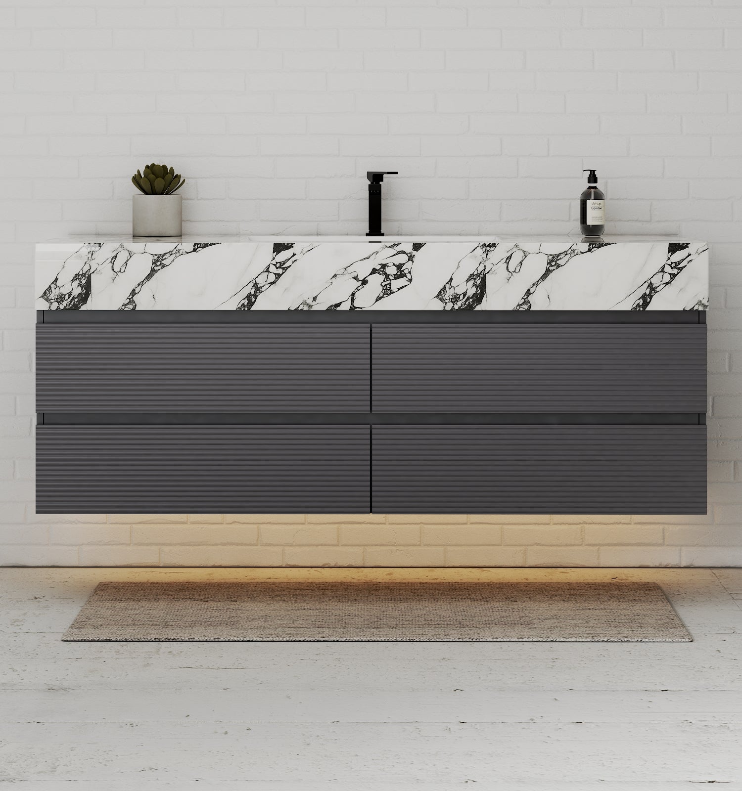 Dark Grey 60” Modern Floating Bathroom Vanity – Single Basin - VanityCalacatta Black NeoNova Decor