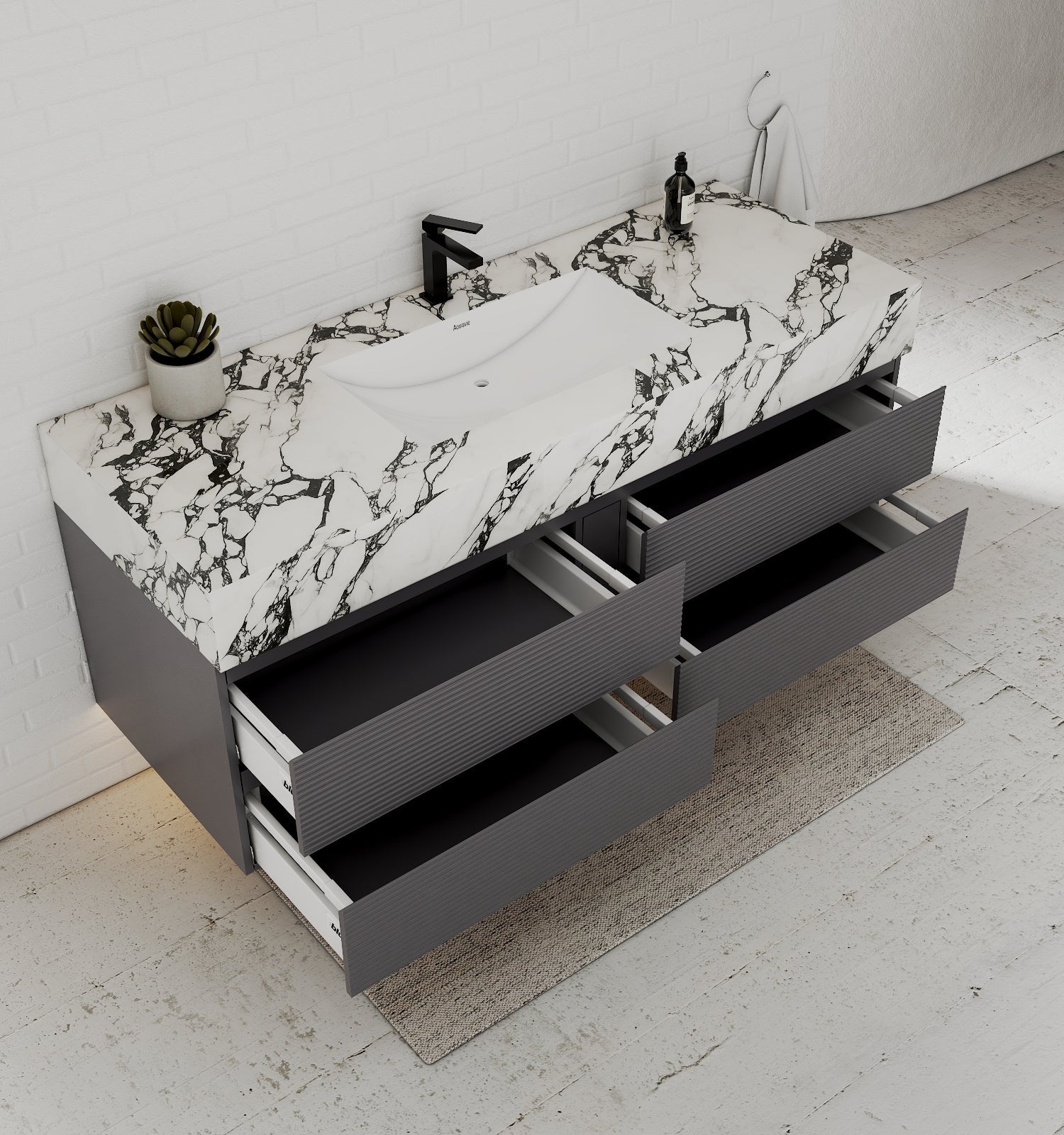 Dark Grey 60” Modern Floating Bathroom Vanity – Single Basin - VanityCalacatta Black NeoNova Decor