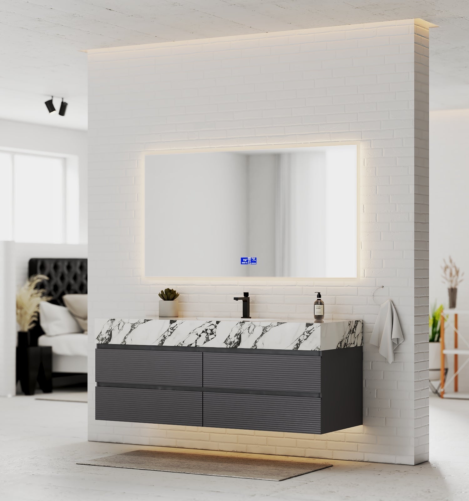 Dark Grey 60” Modern Floating Bathroom Vanity – Single Basin - VanityCalacatta Black NeoNova Decor