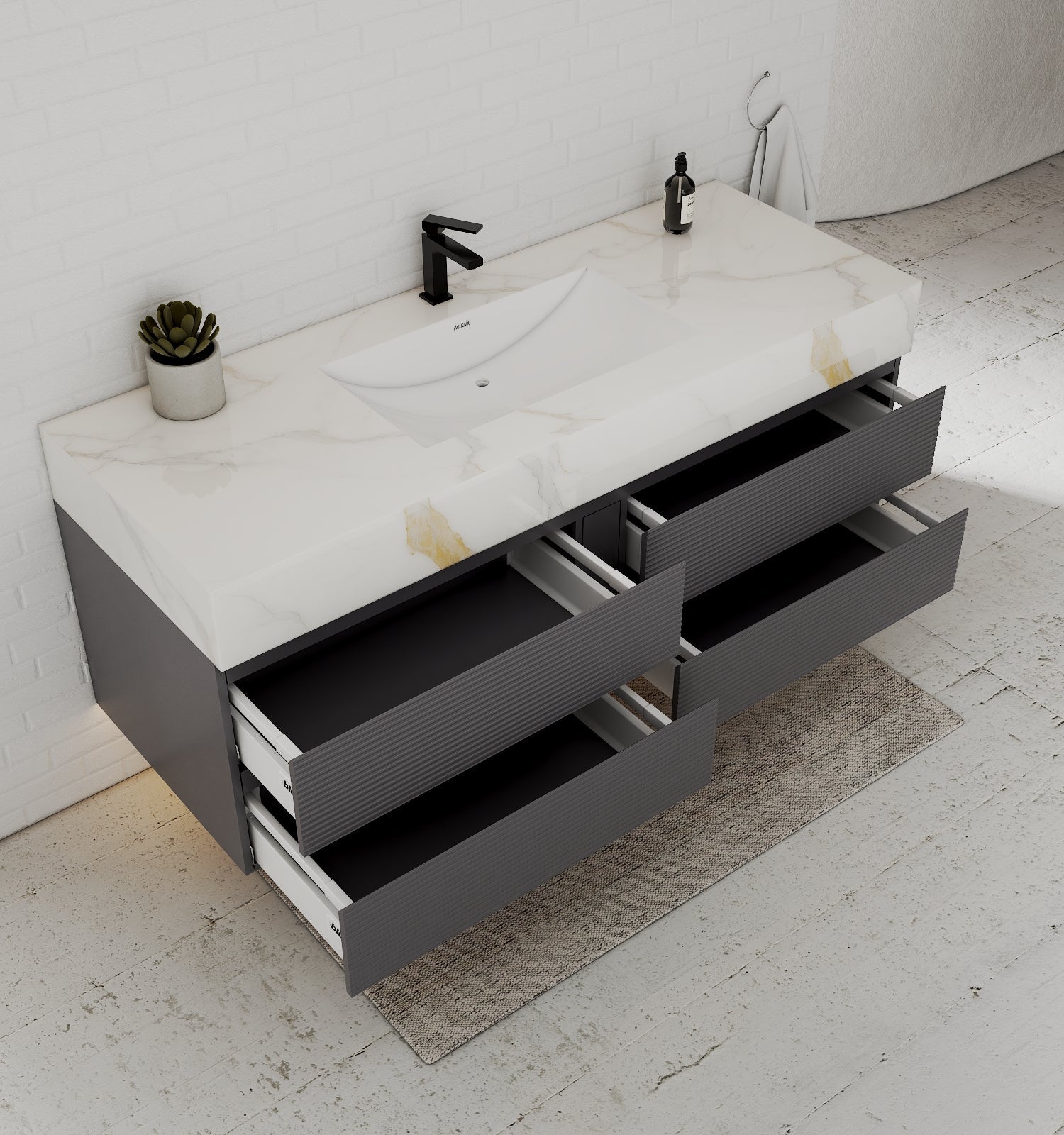 Dark Grey 60” Modern Floating Bathroom Vanity – Single Basin - VanityCalacatta Gold NeoNova Decor
