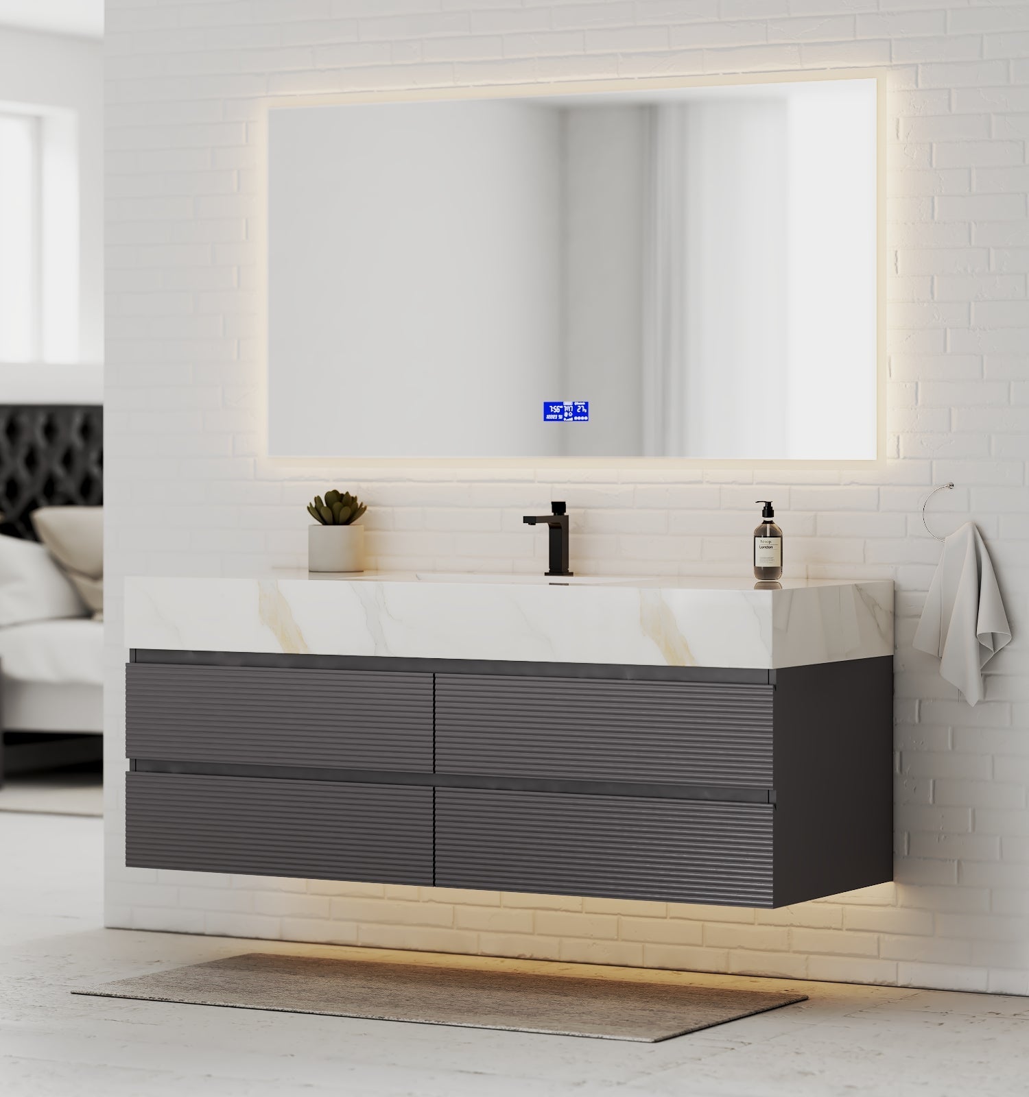 Dark Grey 60” Modern Floating Bathroom Vanity – Single Basin - VanityCalacatta Gold NeoNova Decor