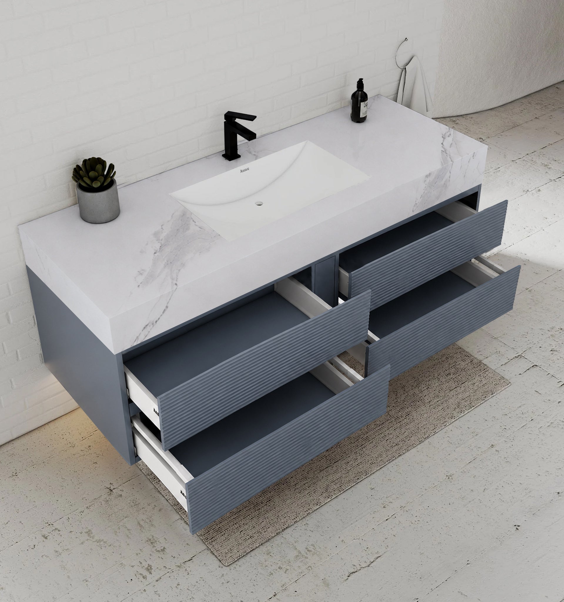 Dark Grey 60” Modern Floating Bathroom Vanity – Single Basin -VanityWhite Carrara