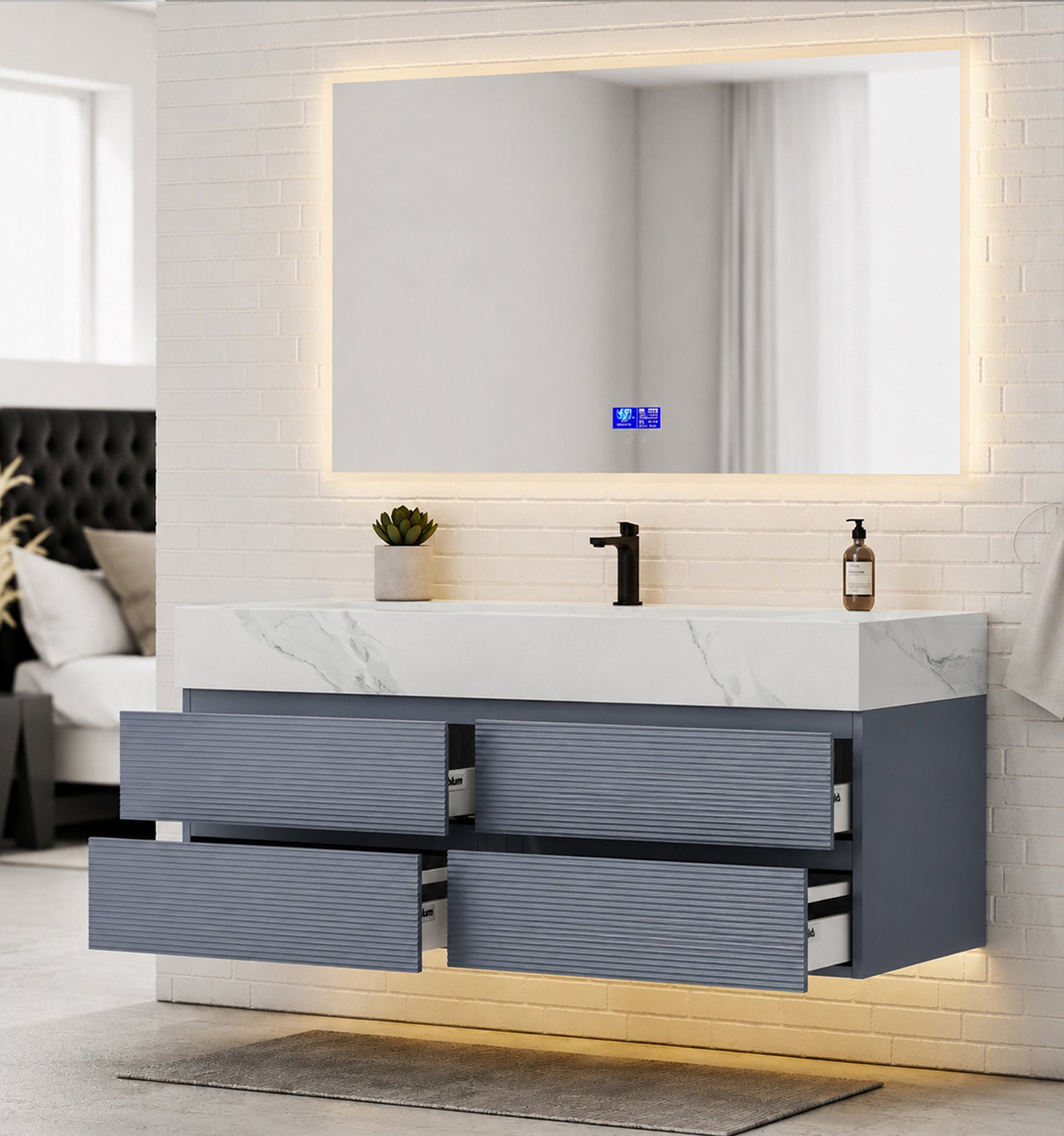 Dark Grey 60” Modern Floating Bathroom Vanity – Single Basin -VanityWhite Carrara