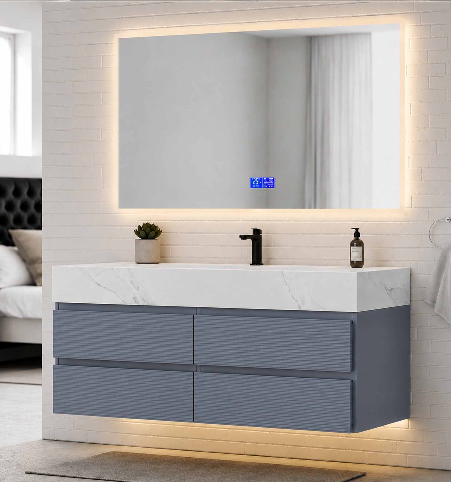 Dark Grey 60” Modern Floating Bathroom Vanity – Single Basin -VanityWhite Carrara