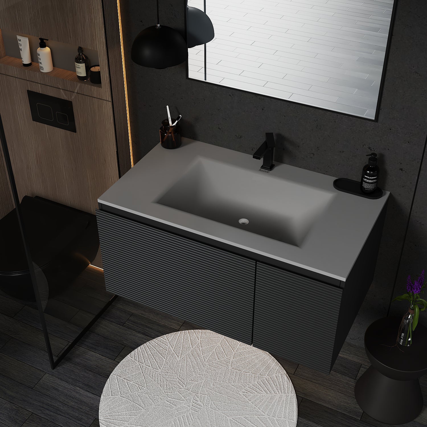 Dark Grey Floating Vanity – Seamless Stone Sink, Fluted Front, 32"/36"/40" - VanityCQH NeoNova Decor