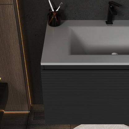 Dark Grey Floating Vanity – Seamless Stone Sink, Fluted Front, 32"/36"/40" - VanityCQH NeoNova Decor