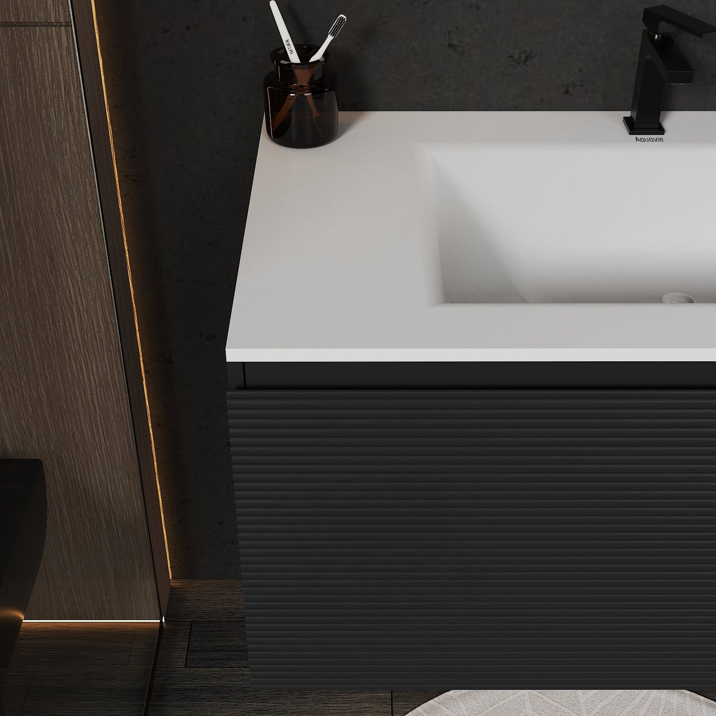 Dark Grey Floating Vanity – Seamless Stone Sink, Fluted Front, 32"/36"/40" - VanityCQH NeoNova Decor