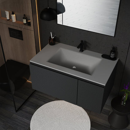 Dark Grey Floating Vanity – Seamless Stone Sink, Fluted Front, 32"/36"/40" - VanityCQH NeoNova Decor