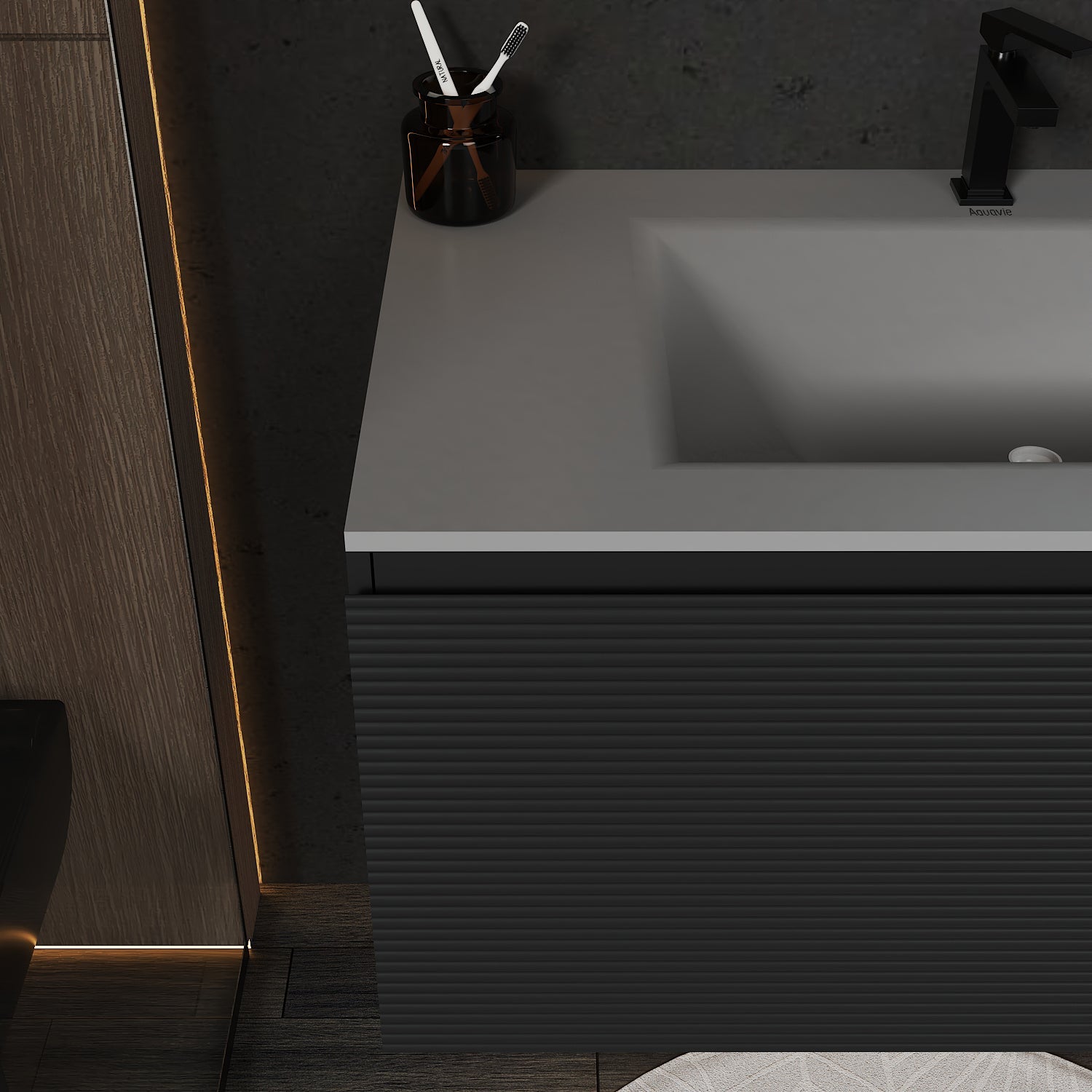 Dark Grey Floating Vanity – Seamless Stone Sink, Fluted Front, 32"/36"/40" - VanityCQH NeoNova Decor