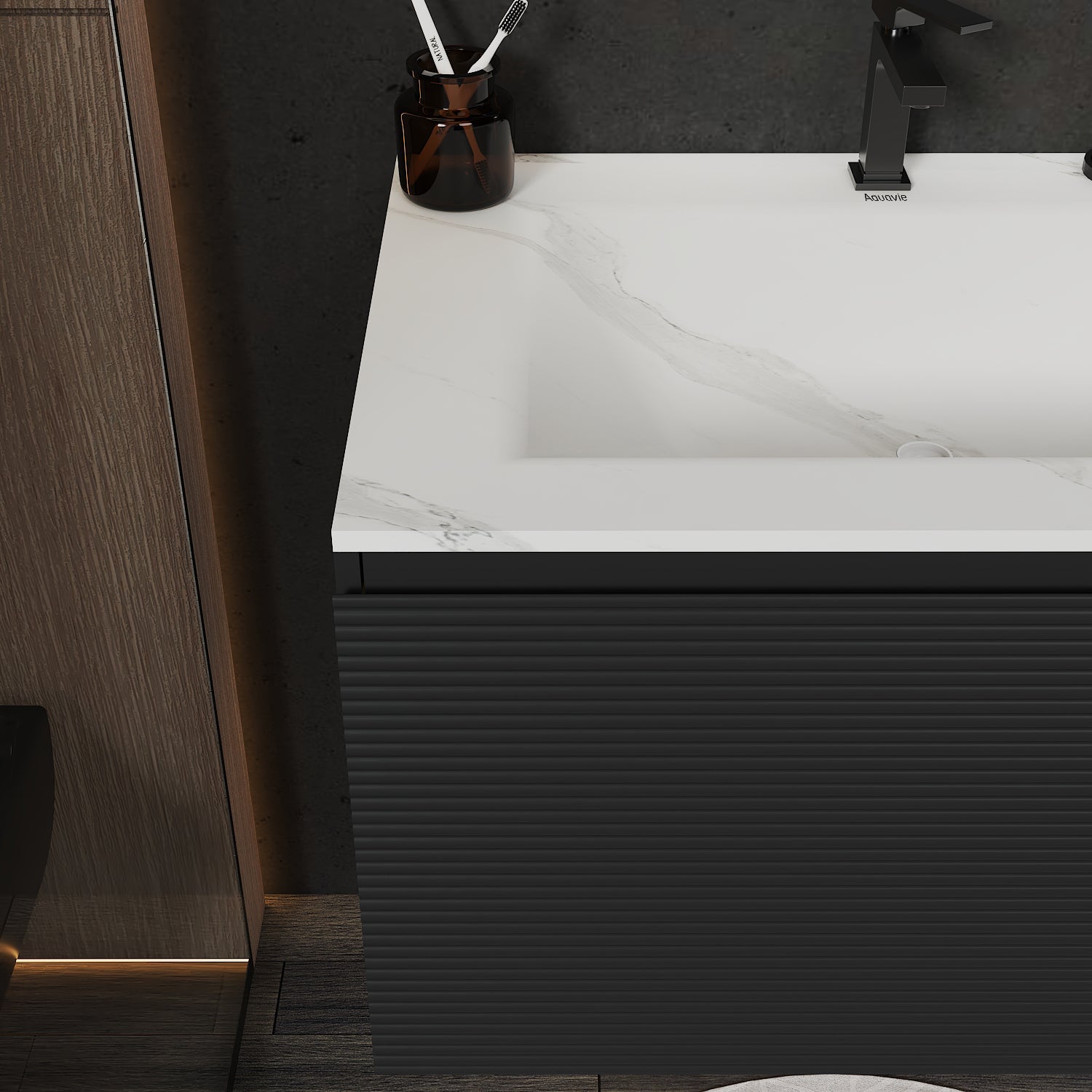 Dark Grey Floating Vanity – Seamless Stone Sink, Fluted Front, 32"/36"/40" - VanityJSB NeoNova Decor