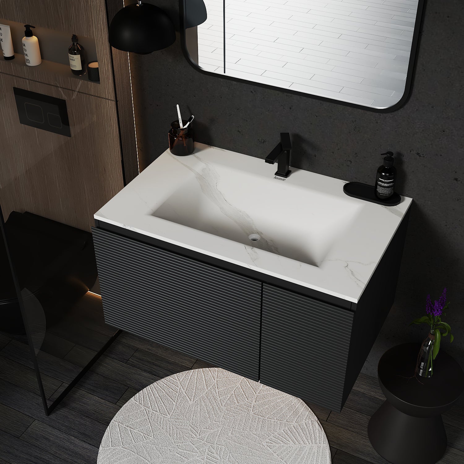 Dark Grey Floating Vanity – Seamless Stone Sink, Fluted Front, 32"/36"/40" - VanityJSB NeoNova Decor