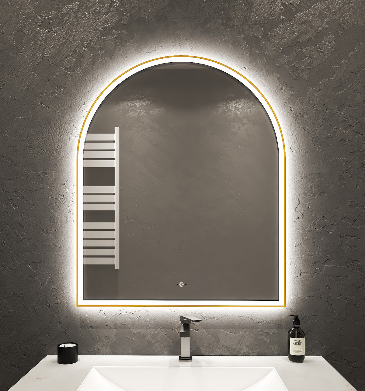30" x 36" Arched LED Bathroom Mirror with Gold Metal Frame