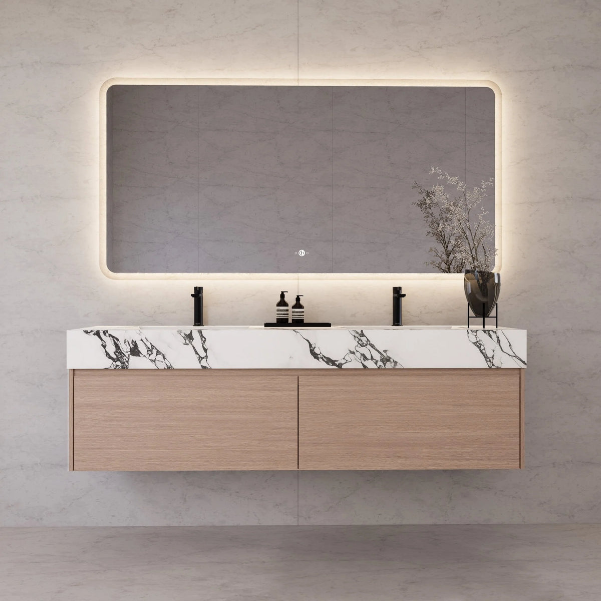 60"/ 71" Nature Oak Double Sink Stone Top with Single Floating Bathroom Vanity