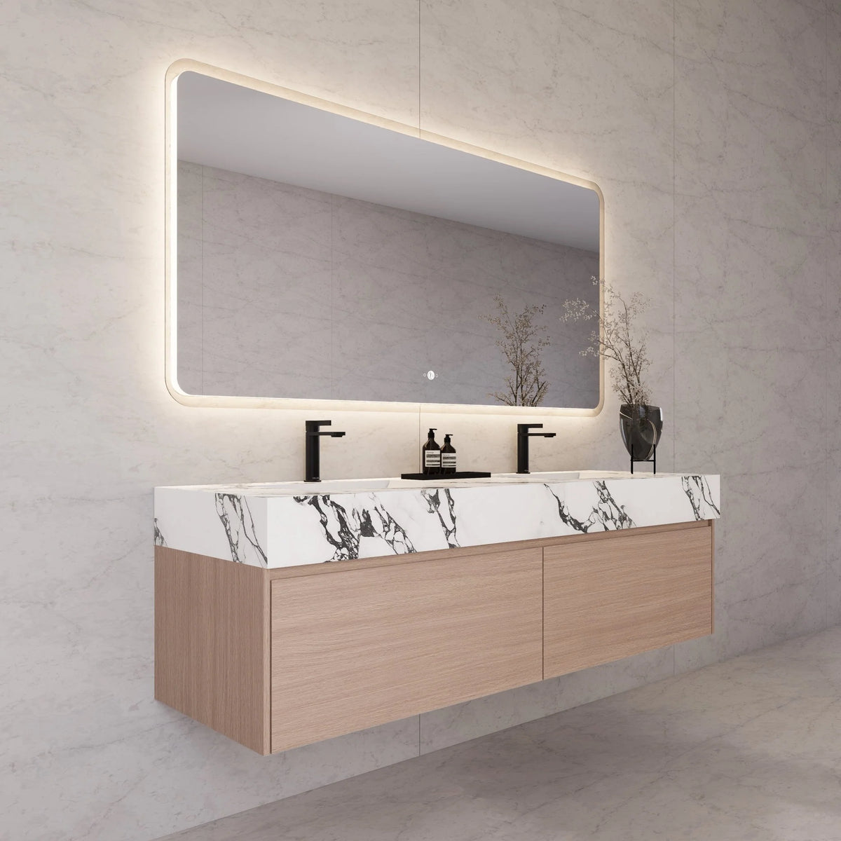 60"/ 71" Nature Oak Double Sink Stone Top with Single Floating Bathroom Vanity