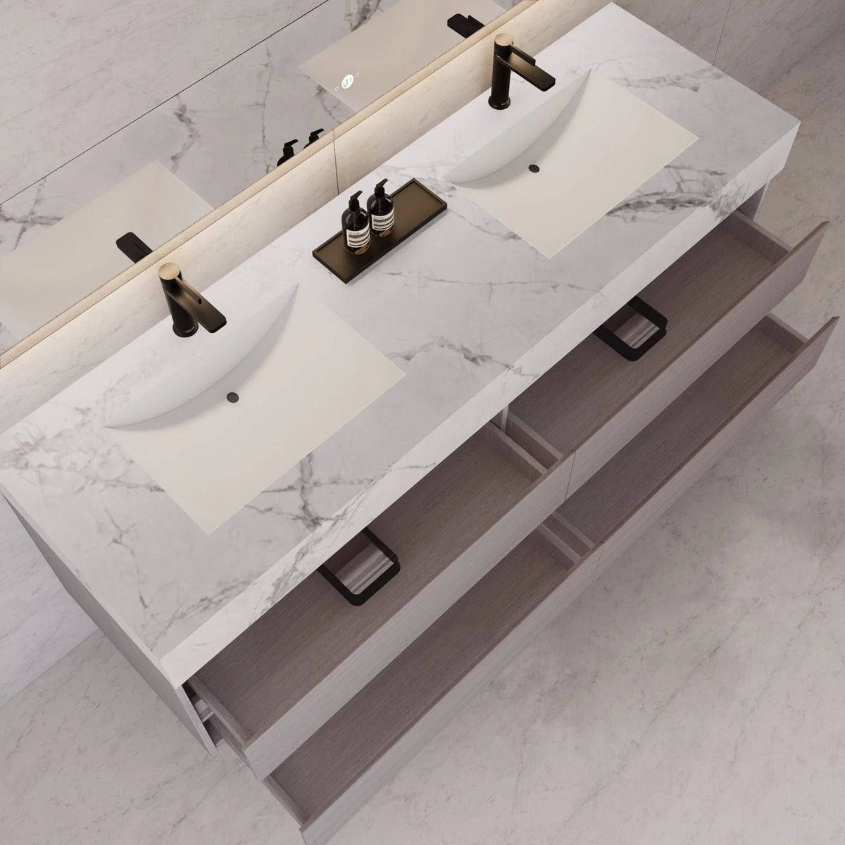 71"，60" Walnut Double Sink Sintered Stone Top with Elegant Floating Bathroom Vanity