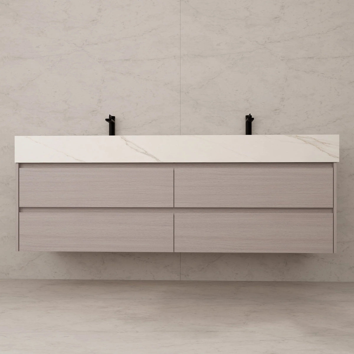 71"，60" Walnut Double Sink Sintered Stone Top with Elegant Floating Bathroom Vanity
