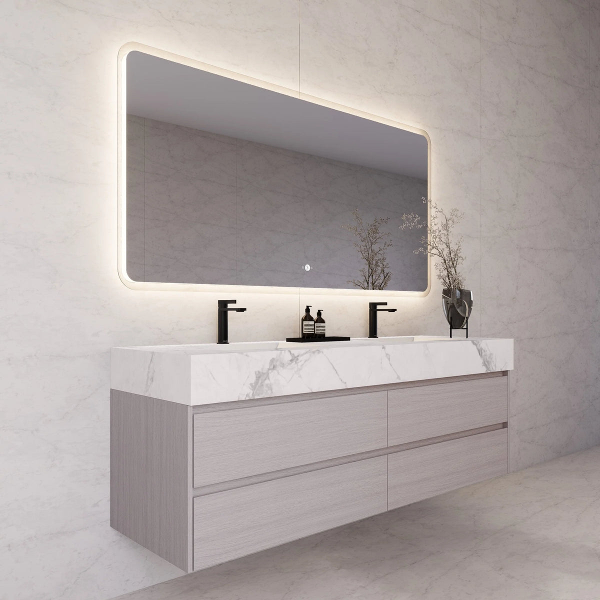 71"，60" Walnut Double Sink Sintered Stone Top with Elegant Floating Bathroom Vanity