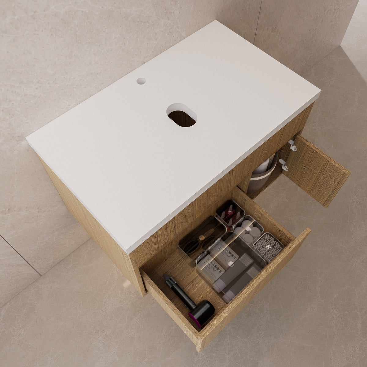 Floating Vessel Sink Vanity — Natural Oak Cabinet with Sintered Stone Top, Door & Drawer -Vanity32"