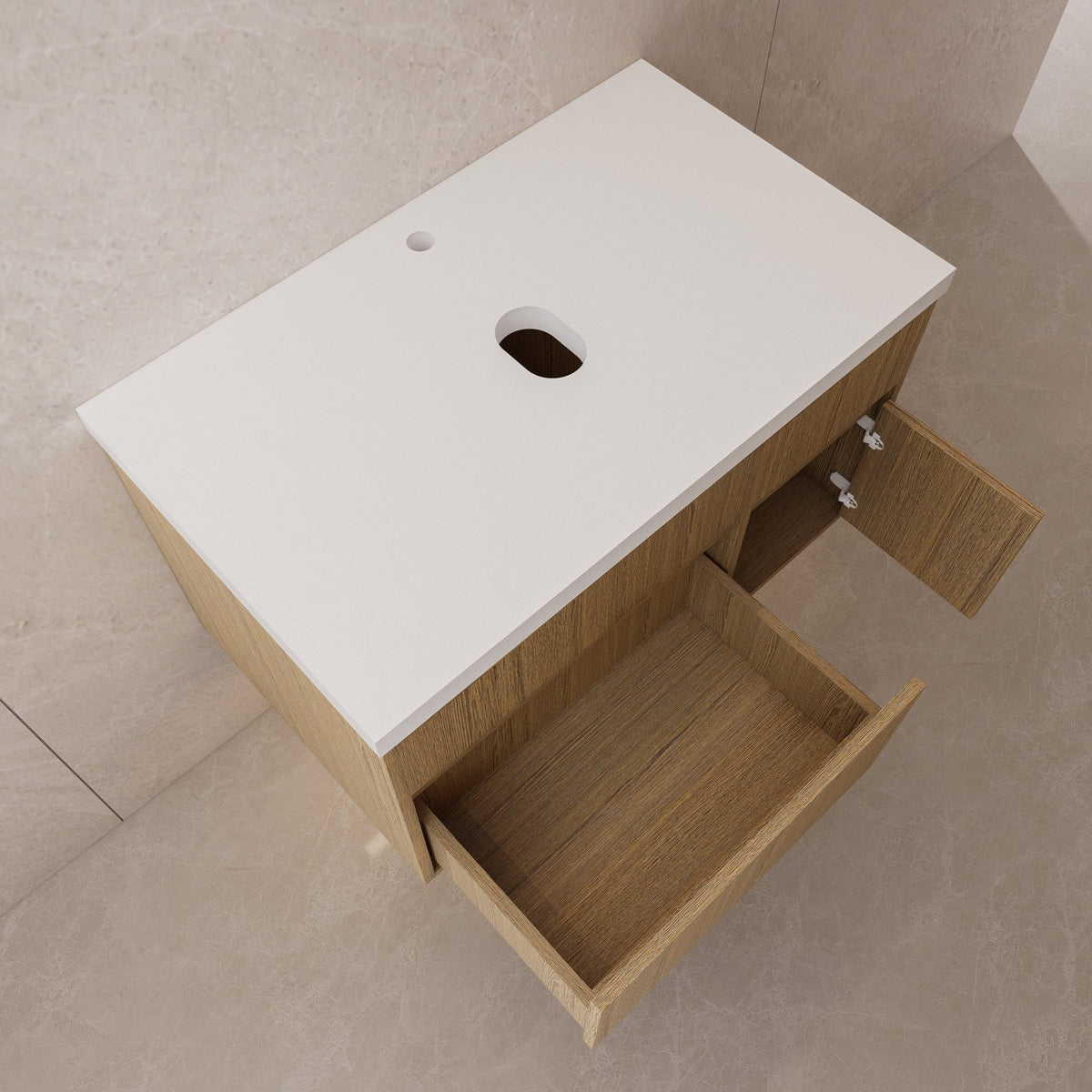 Floating Vessel Sink Vanity — Natural Oak Cabinet with Sintered Stone Top, Door & Drawer -Vanity32"