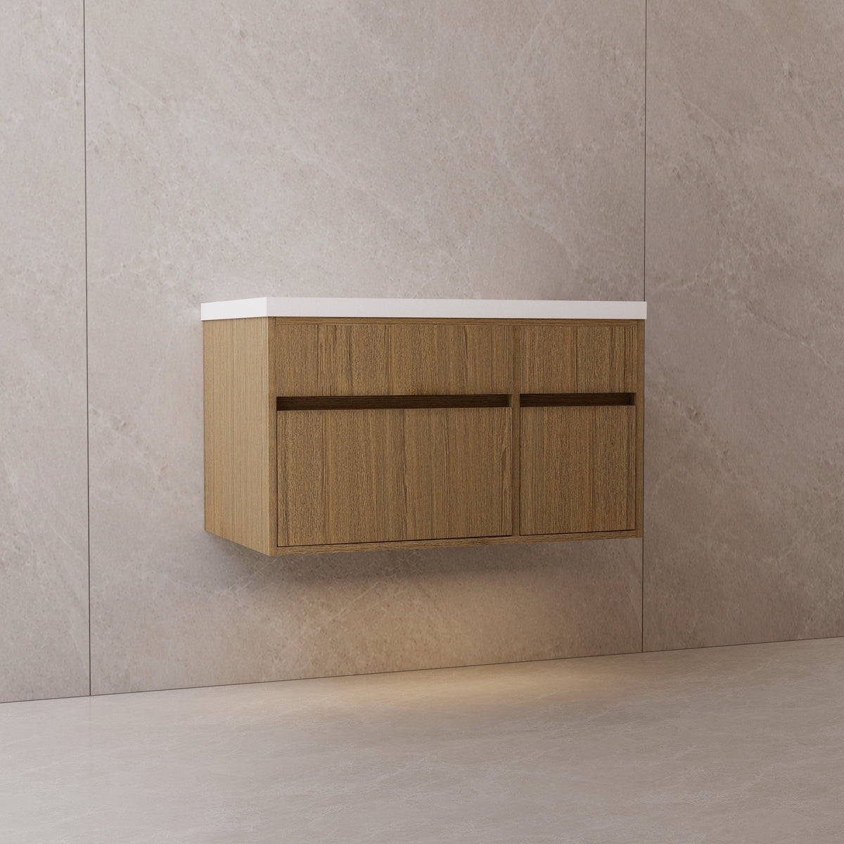 Floating Vessel Sink Vanity — Natural Oak Cabinet with Sintered Stone Top, Door & Drawer -Vanity32"