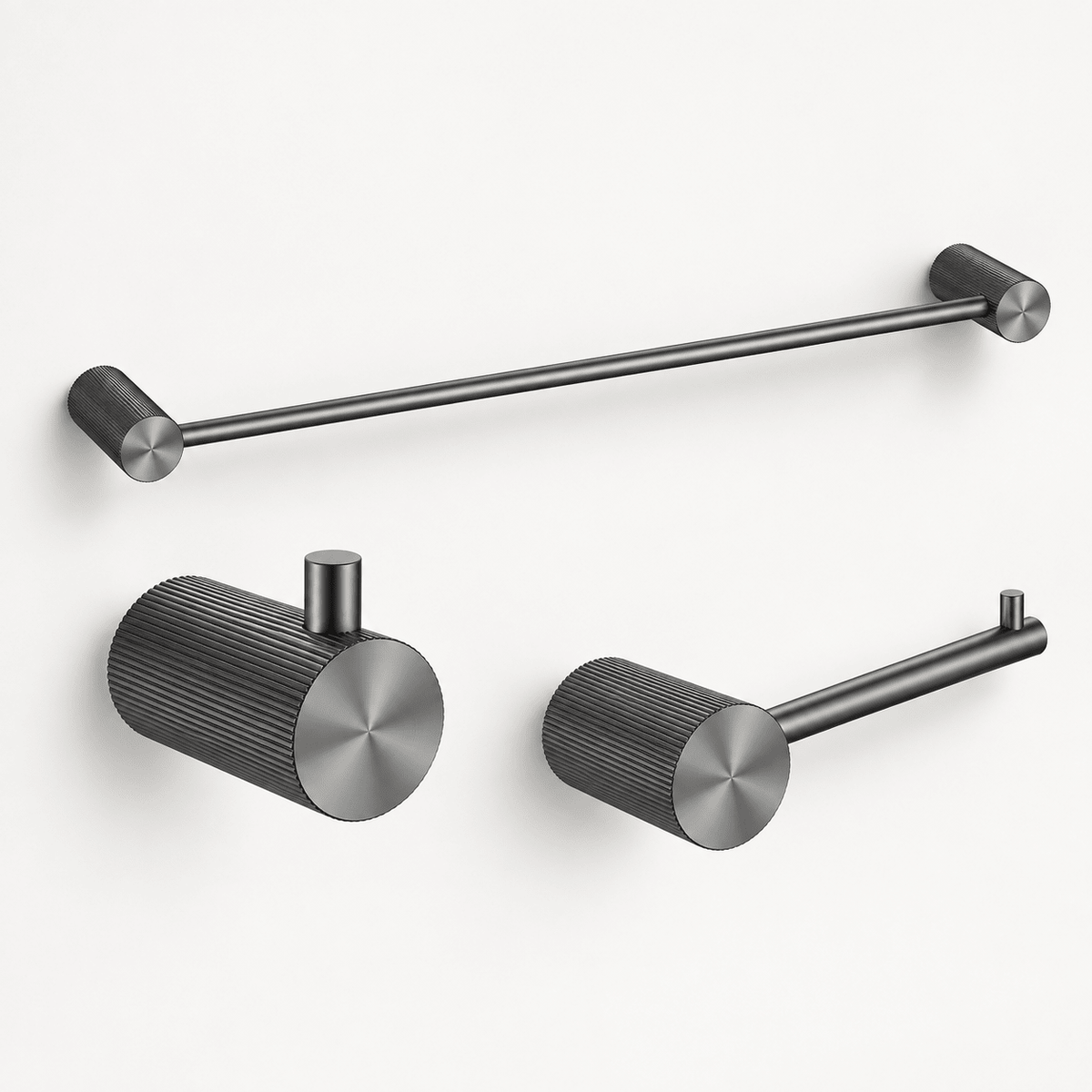 Fluted Bathroom Hardware Set (3-Piece) – SUS304 Stainless Steel Towel Bar, Robe Hook & Toilet Paper Holder -HardwareGun Metal