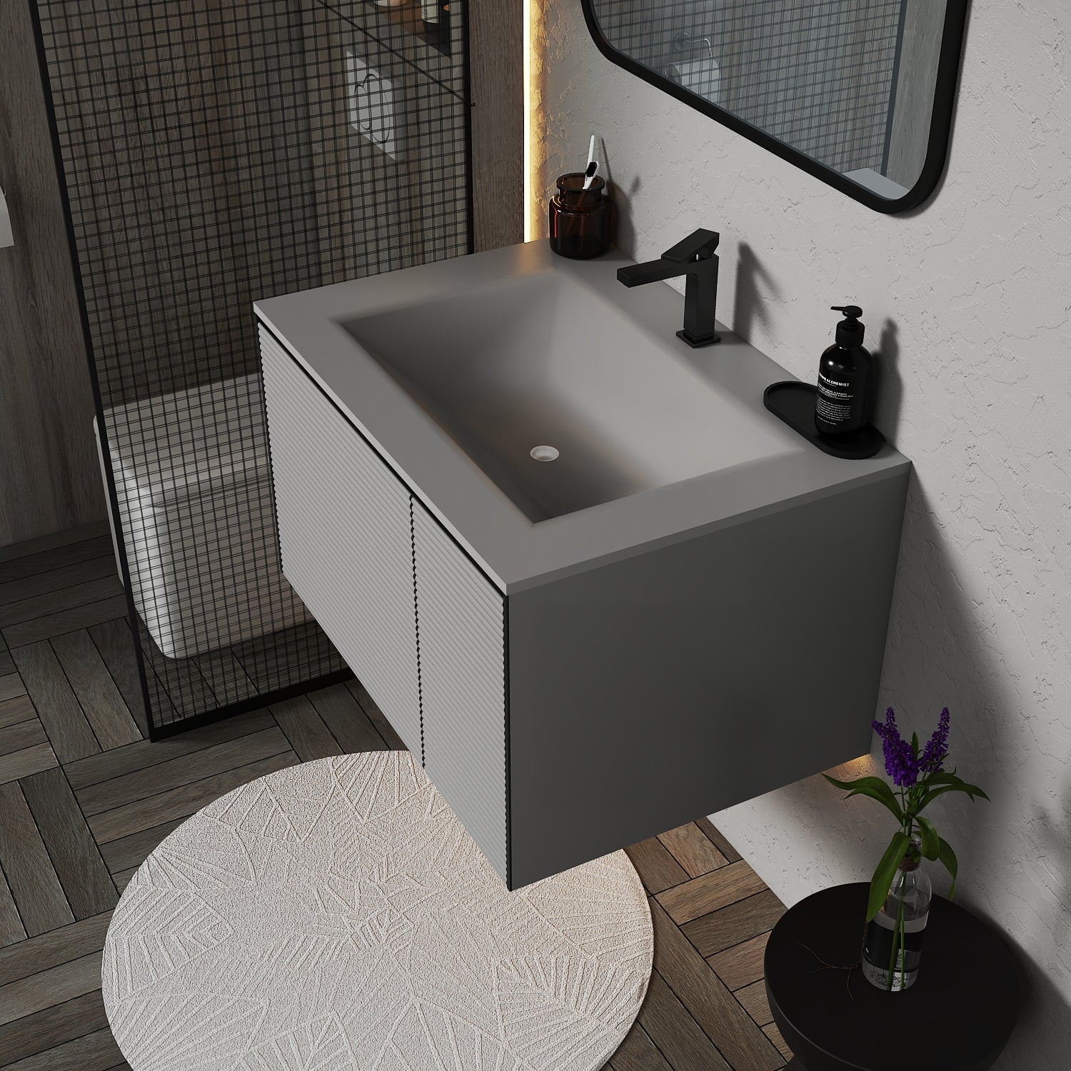 Fluted Floating Vanity with Seamless Stone Sink – 32" / 36" / 40" - Vanity36" NeoNova Decor