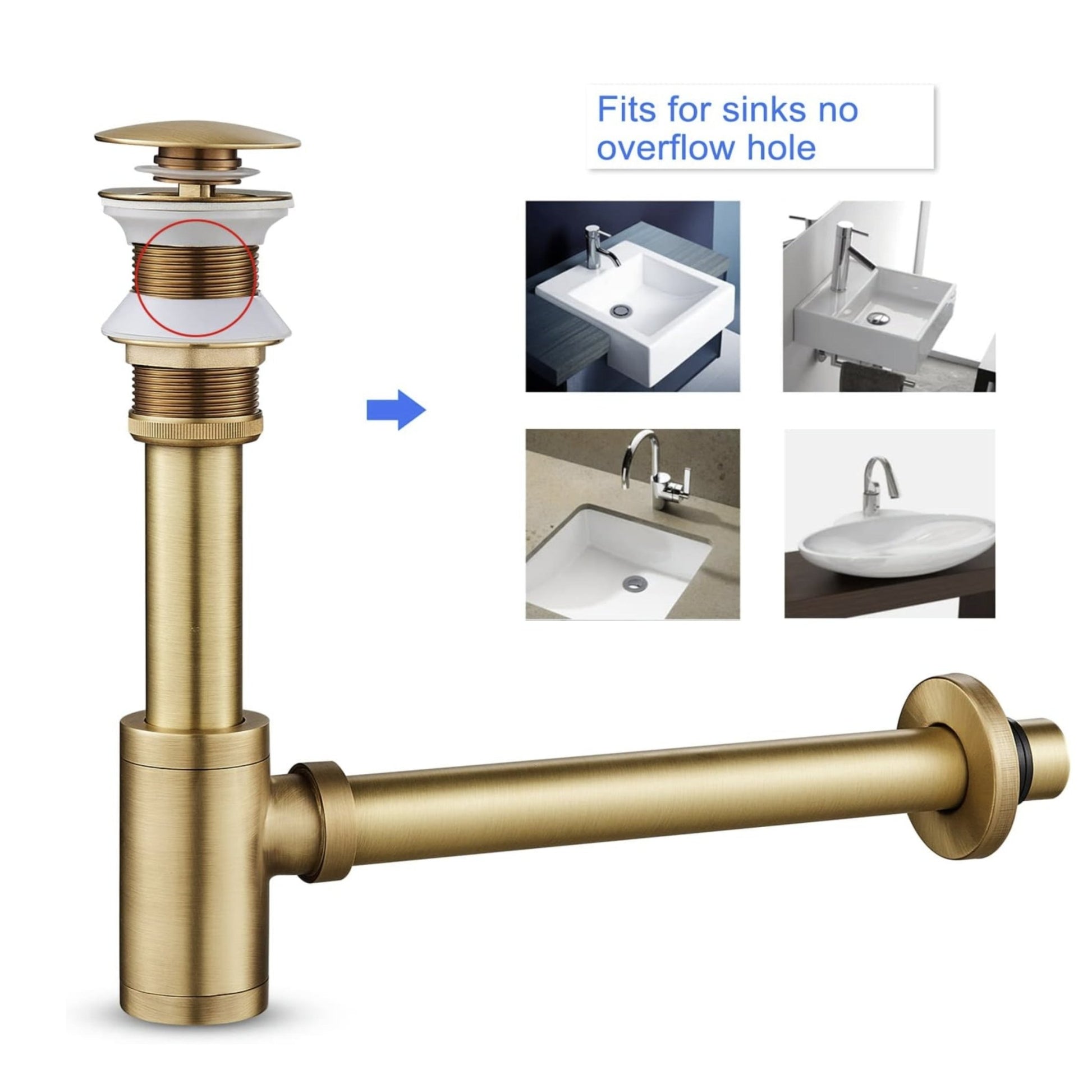 Gold P - Trap Kit without Overflow – Solid Brass 1 - 1/4” Sink Drain - Fixtures NeoNova Decor