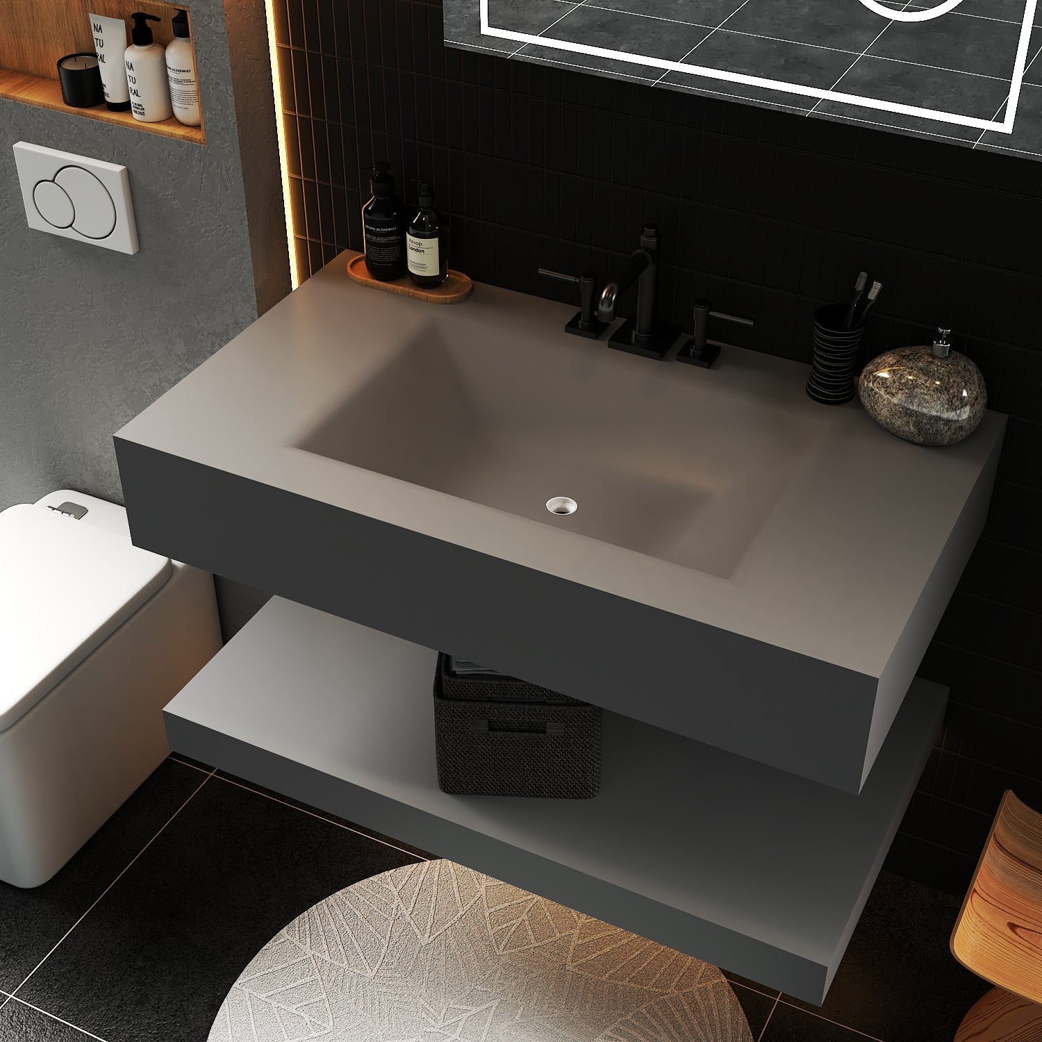 Grey Floating Vanity with Integrated Stone Sink – 32"/36"/40" - Vanity32 Inch NeoNova Decor